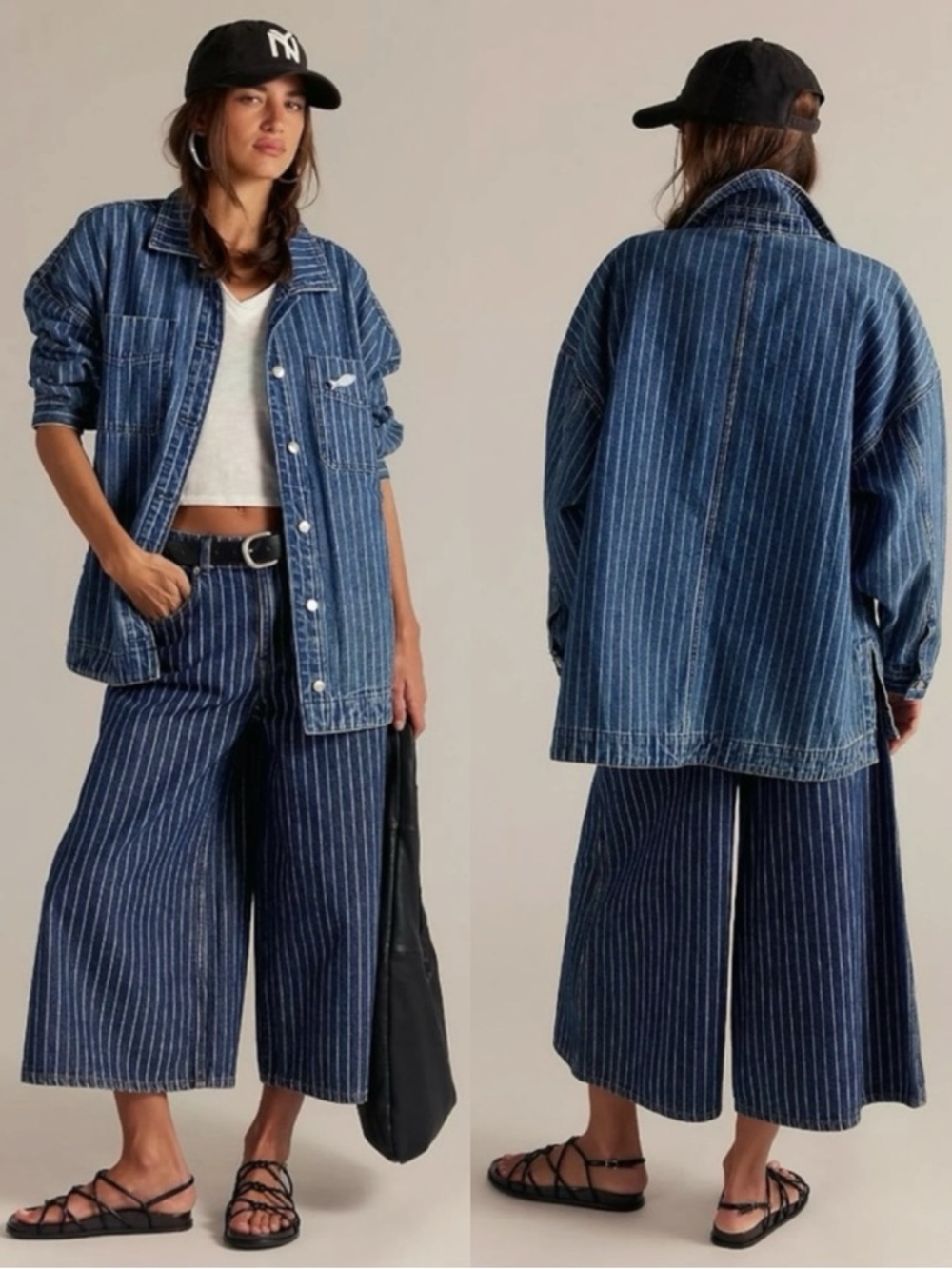 Free People Madison City Pinstripe Denim Jacket Indigo City Stripe Large NWT